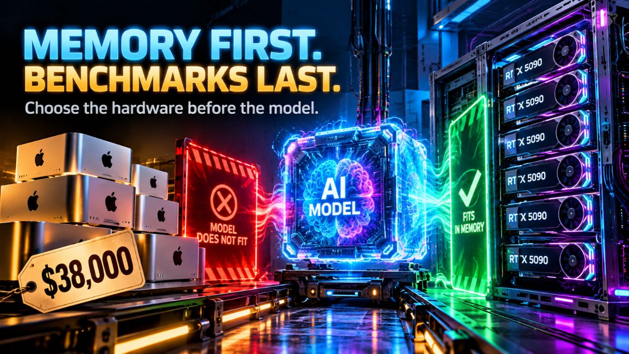 Neon hardware cover art titled Memory First, Benchmarks Last, Choose the hardware before the model, showing a stack of Apple Mac Studio machines tagged $38,000 on the left beside a red MODEL DOES NOT FIT sign, a glowing AI MODEL core in the center, and a rack of RTX 5090 GPUs marked FITS IN MEMORY on the right