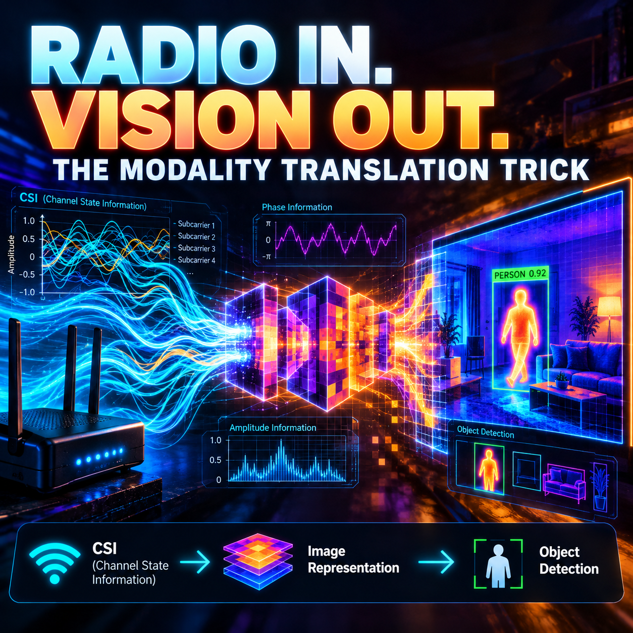 Square neon infographic titled Radio In. Vision Out. The Modality Translation Trick, showing a Wi-Fi router feeding CSI amplitude and phase traces through stacked glowing convolutional feature maps into a living room scene with a person outlined as PERSON 0.92, alongside an Object Detection panel, and a bottom flow strip reading CSI (Channel State Information) to Image Representation to Object Detection