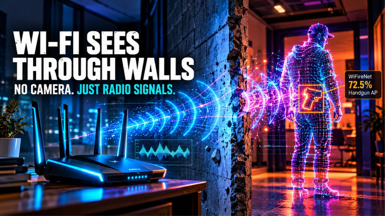 Neon cover art titled Wi-Fi Sees Through Walls, No Camera. Just Radio Signals., showing a Wi-Fi router on a desk sending bright signal arcs through a broken concrete wall toward a glowing wireframe person outlined in a room, with an orange box around a handgun shape and a badge reading WiFireNet 72.5% Handgun AP