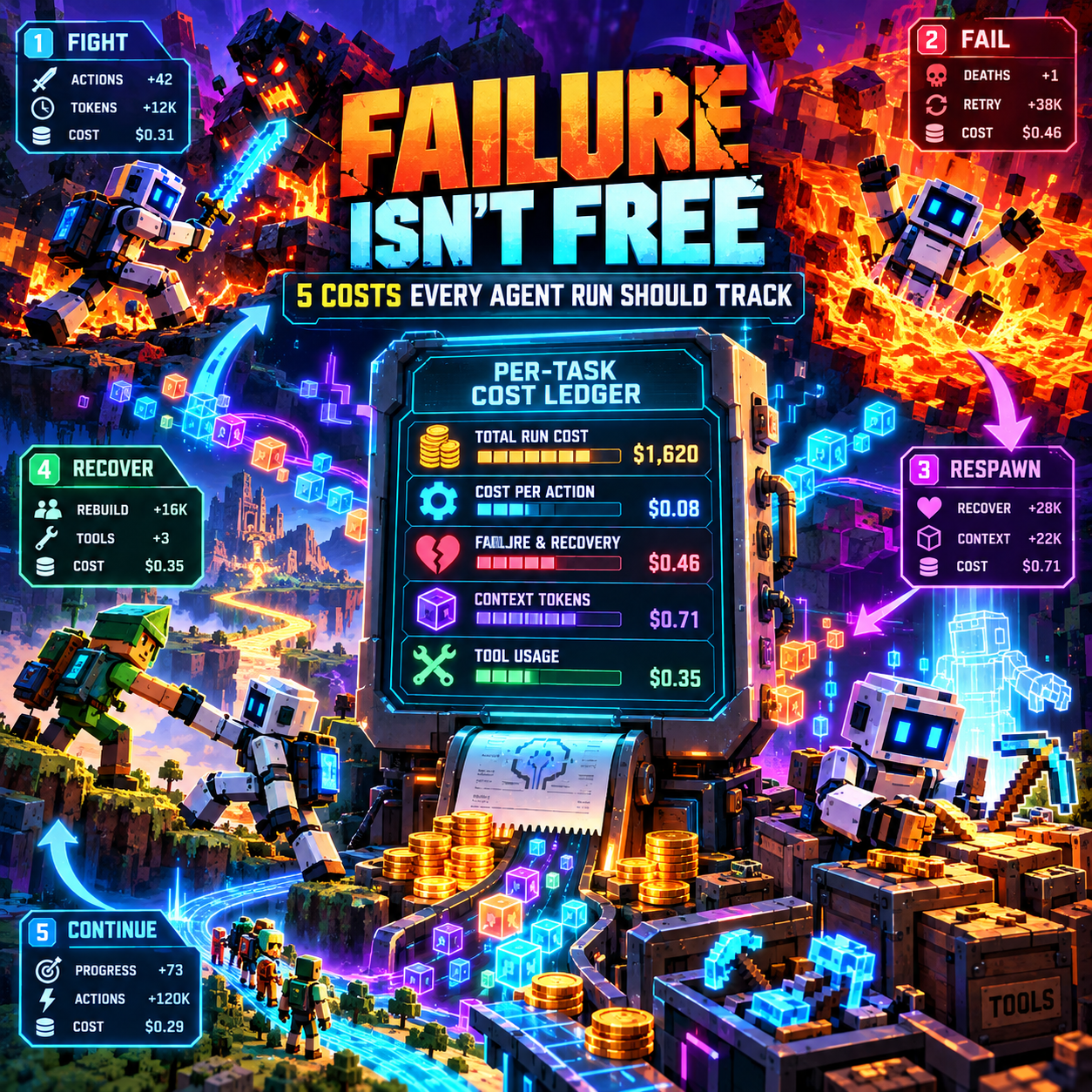 Square neon infographic titled Failure Isn't Free, 5 Costs Every Agent Run Should Track, centered on a Per-Task Cost Ledger panel showing total run cost $1,620, cost per action $0.08, failure and recovery $0.46, context tokens $0.71, and tool usage $0.35, surrounded by numbered Fight, Fail, Respawn, Recover, and Continue cards with blocky robot characters in a Minecraft landscape