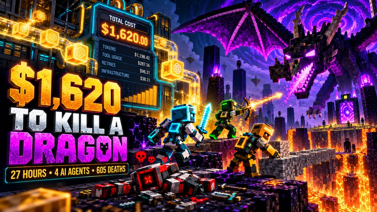 Neon cover art showing a giant $1,620 to kill a dragon headline, four blocky adventurer robots fighting in a lava-lit Minecraft landscape beneath a purple Ender Dragon, and a glowing cost meter reading total cost $1,620 with line items for tokens, tool usage, retries, and infrastructure, plus the line 27 hours, 4 AI agents, 605 deaths