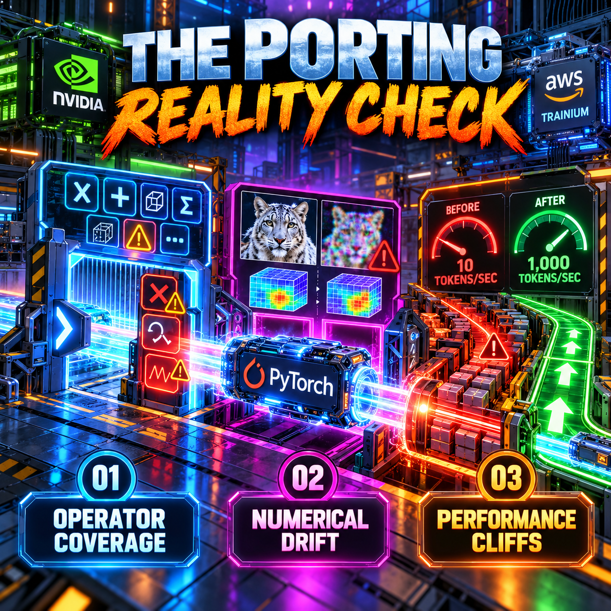 Neon infographic titled The Porting Reality Check showing a PyTorch core powering three broken stations: an operator coverage panel with crossed-out math symbols, a numerical drift panel with a sharp leopard photo next to a corrupted one, and a performance gauge reading 10 tokens per second before and 1,000 tokens per second after, under Nvidia and AWS Trainium logos