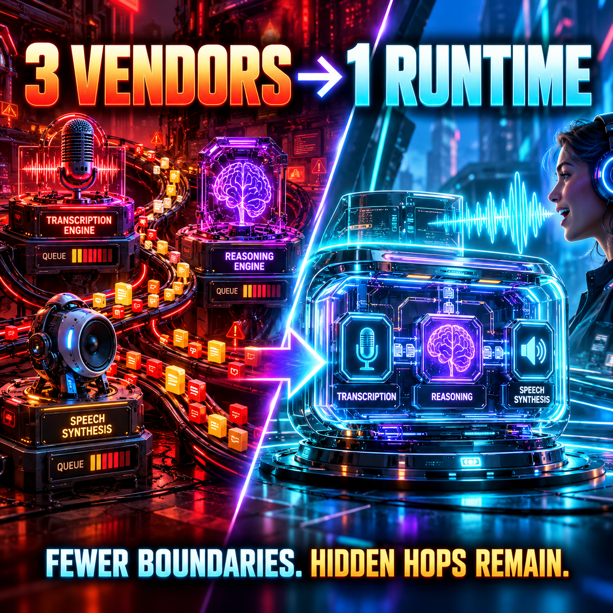 Split infographic captioned 3 vendors to 1 runtime: on the left, red separate transcription, reasoning and speech synthesis boxes with queue bars fed by tangled cables, on the right one blue glass runtime holding transcription, reasoning and speech synthesis inside a single shell, footnoted fewer boundaries, hidden hops remain