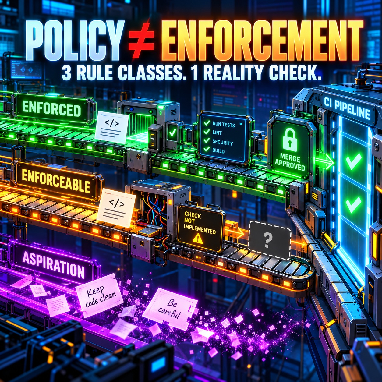 Three neon conveyor lanes labeled Enforced, Enforceable and Aspiration: the green Enforced lane runs a code card through lint, test, security and build checks to a merge approved lock, the orange Enforceable lane ends at a check not implemented sign and a question mark box, and the purple Aspiration lane spills loose sticky notes reading Keep code clean and Be careful