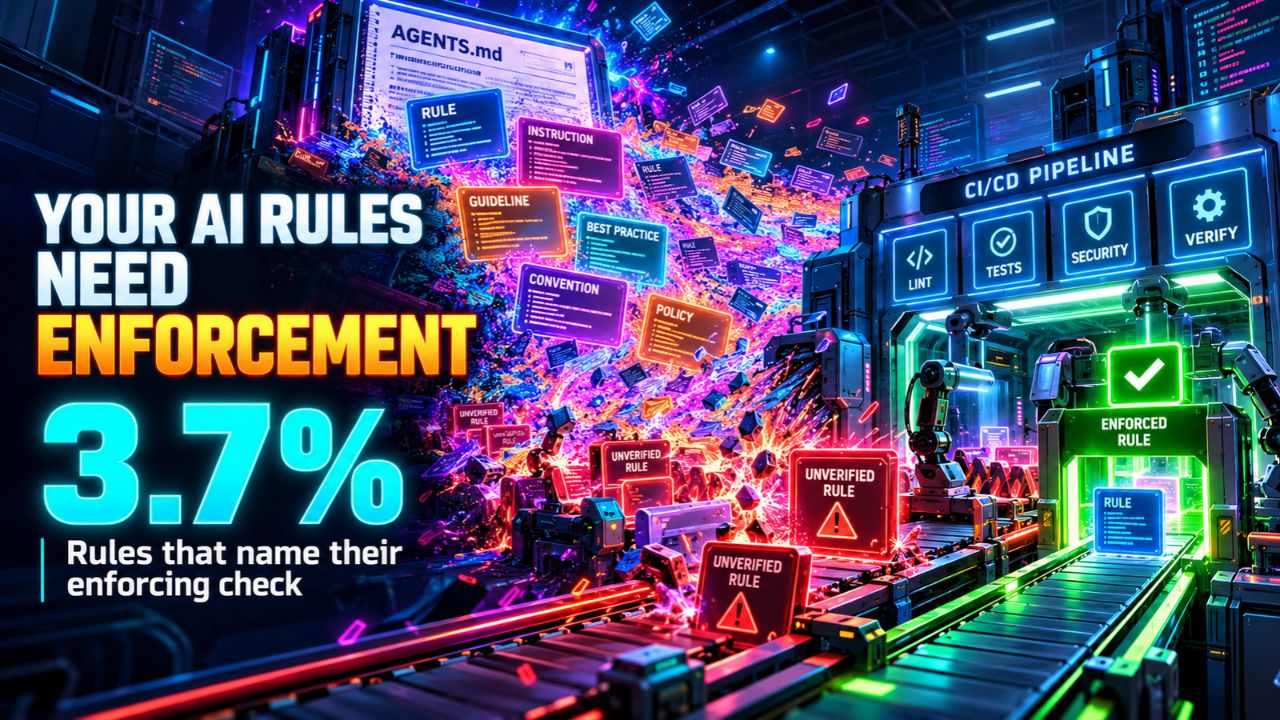 Neon factory floor where rule cards labeled rule, instruction, guideline and convention tumble toward a CI/CD pipeline gate, headlined Your AI Rules Need Enforcement, 3.7 percent of rules name their check