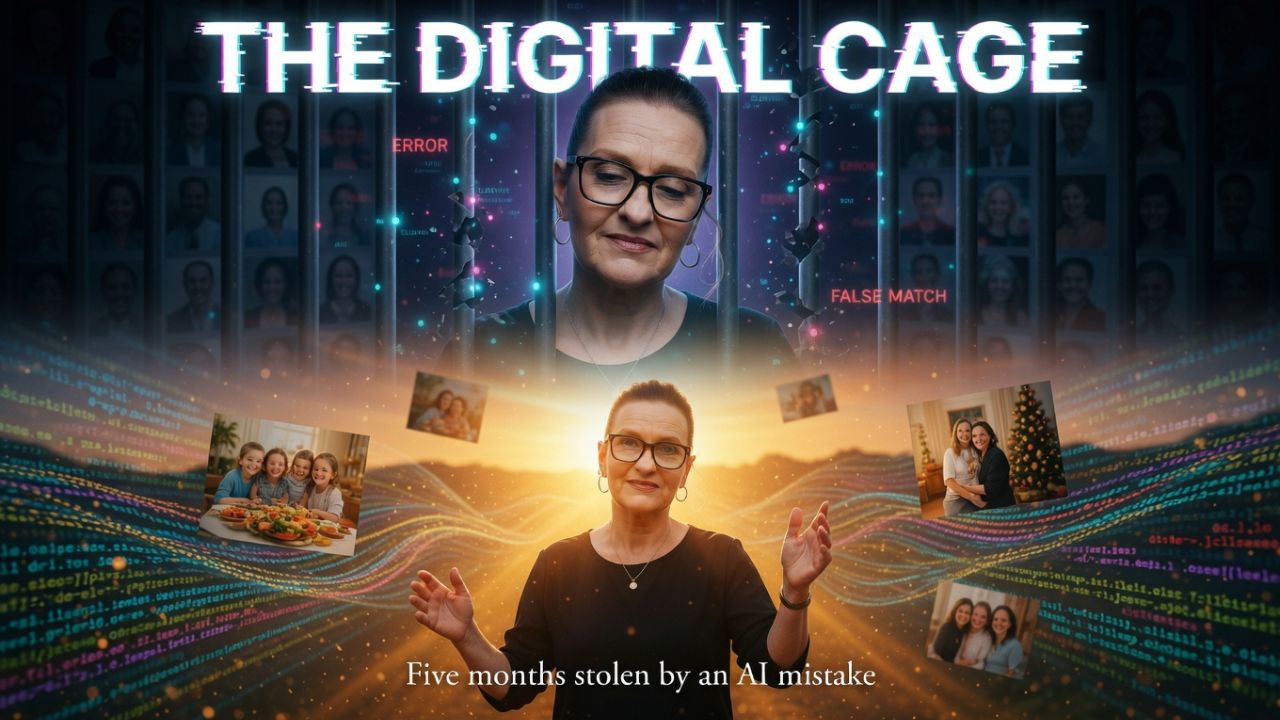 Digital cage concept representing wrongful AI facial recognition incarceration