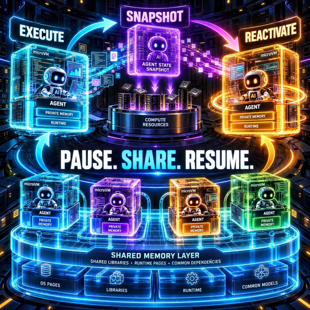 Neon diagram of an Execute to Snapshot to Reactivate cycle where microVM boxes holding an agent, private memory and a runtime checkpoint into an agent state snapshot above a compute resources pedestal, and four microVMs sit on a shared memory layer of OS pages, libraries, runtime and common models
