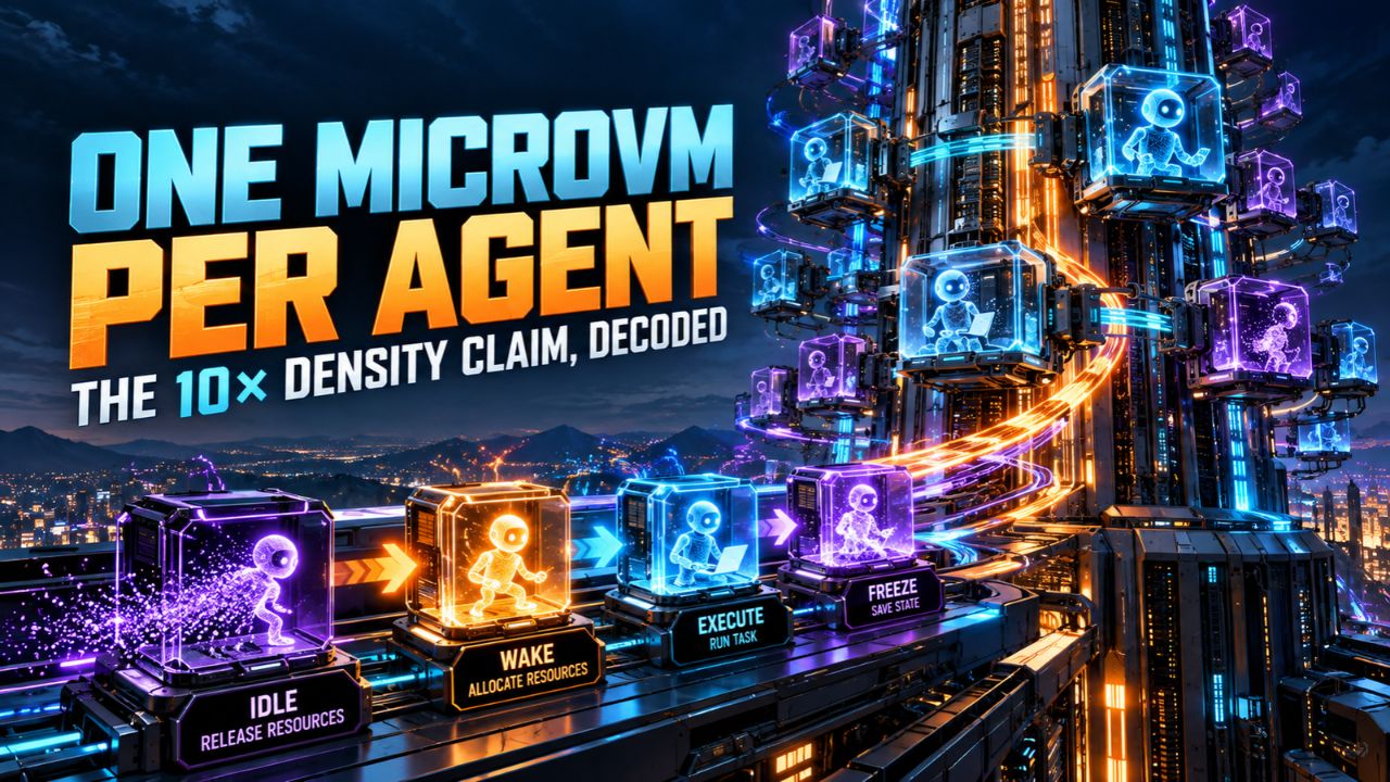Neon data tower stacked with glowing microVM boxes beside a four-stage agent lifecycle strip labeled Idle Release Resources, Wake Allocate Resources, Execute Run Task and Freeze Save State, headlined One MicroVM Per Agent, the 10x density claim decoded