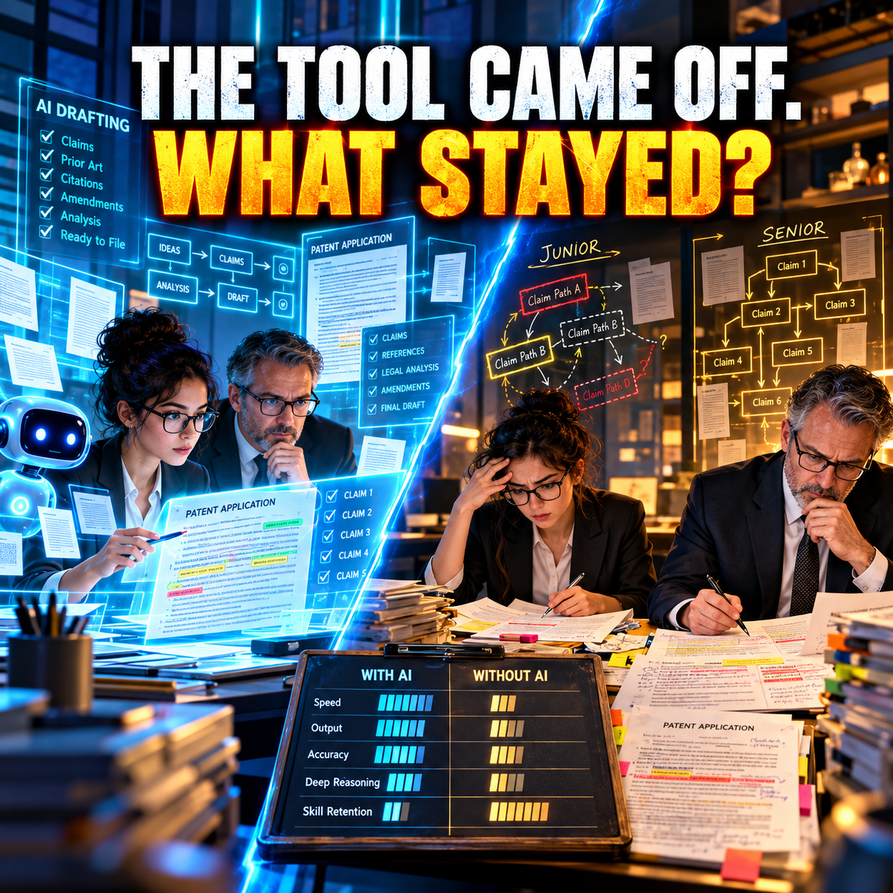 Split infographic titled The Tool Came Off. What Stayed? On the left a lawyer works beside a robot with an AI drafting checklist of claims, prior art, citations, amendments, analysis and ready to file; on the right a junior lawyer tangled in claim paths sits next to a senior lawyer with a tidy claim tree; a board below scores with AI against without AI on speed, output, accuracy, deep reasoning and skill retention