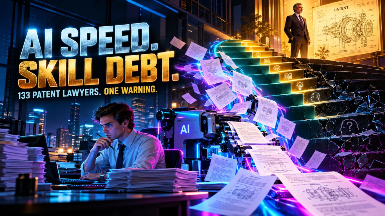 Neon-lit scene headlined AI Speed. Skill Debt. and 133 Patent Lawyers. One Warning., a young lawyer thinking at a laptop while a robot feeds patent pages up glowing stairs toward a senior partner and a PATENT blueprint