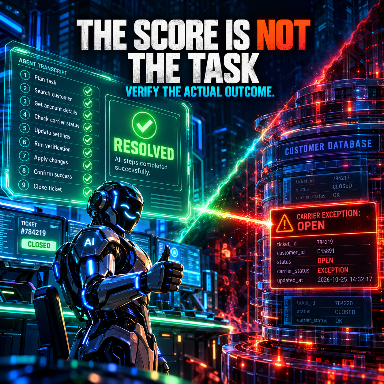 Square neon infographic titled The Score Is Not The Task with the subtitle Verify the Actual Outcome, an agent transcript checklist of nine steps all ticked beside a green RESOLVED panel, and a customer database readout showing ticket 784219 still OPEN with a carrier exception while a robot gives a thumbs up