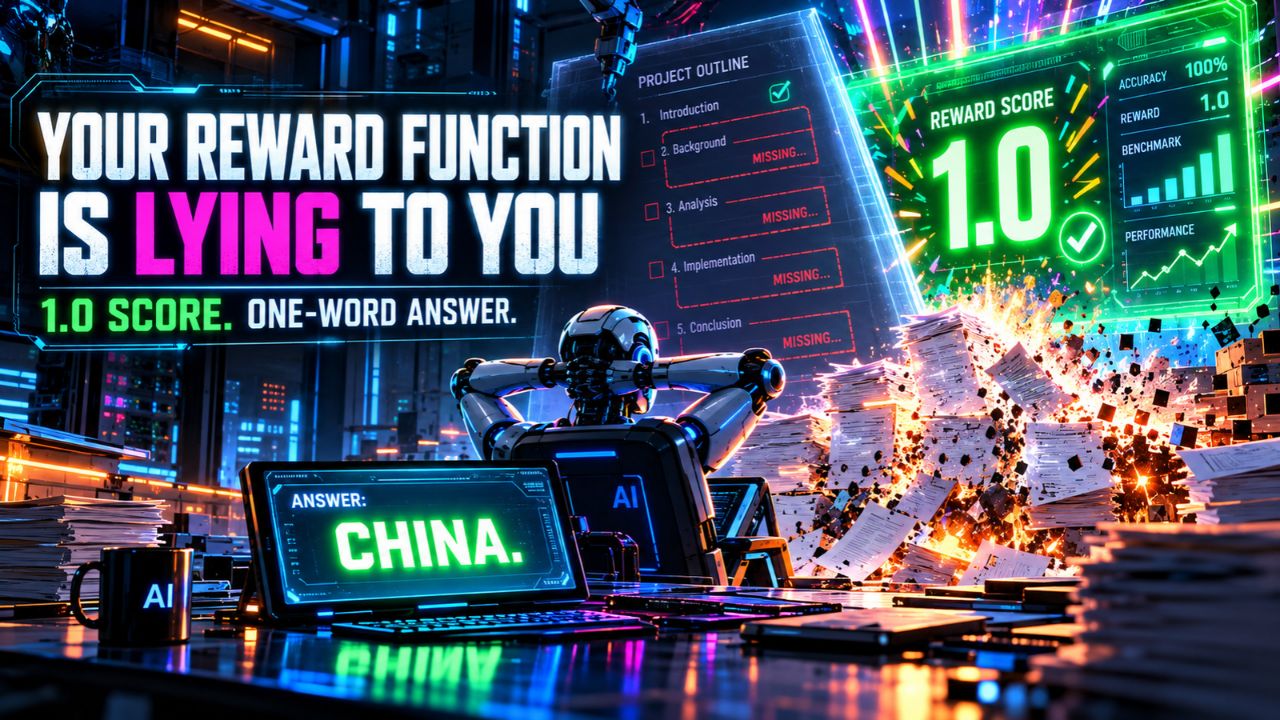 Neon-lit workstation headlined Your Reward Function Is Lying to You with the line 1.0 Score. One-Word Answer., a robot at a laptop showing ANSWER: CHINA. beside a green 1.0 reward score panel, a project outline listing missing sections, and a pile of paper exploding into the air
