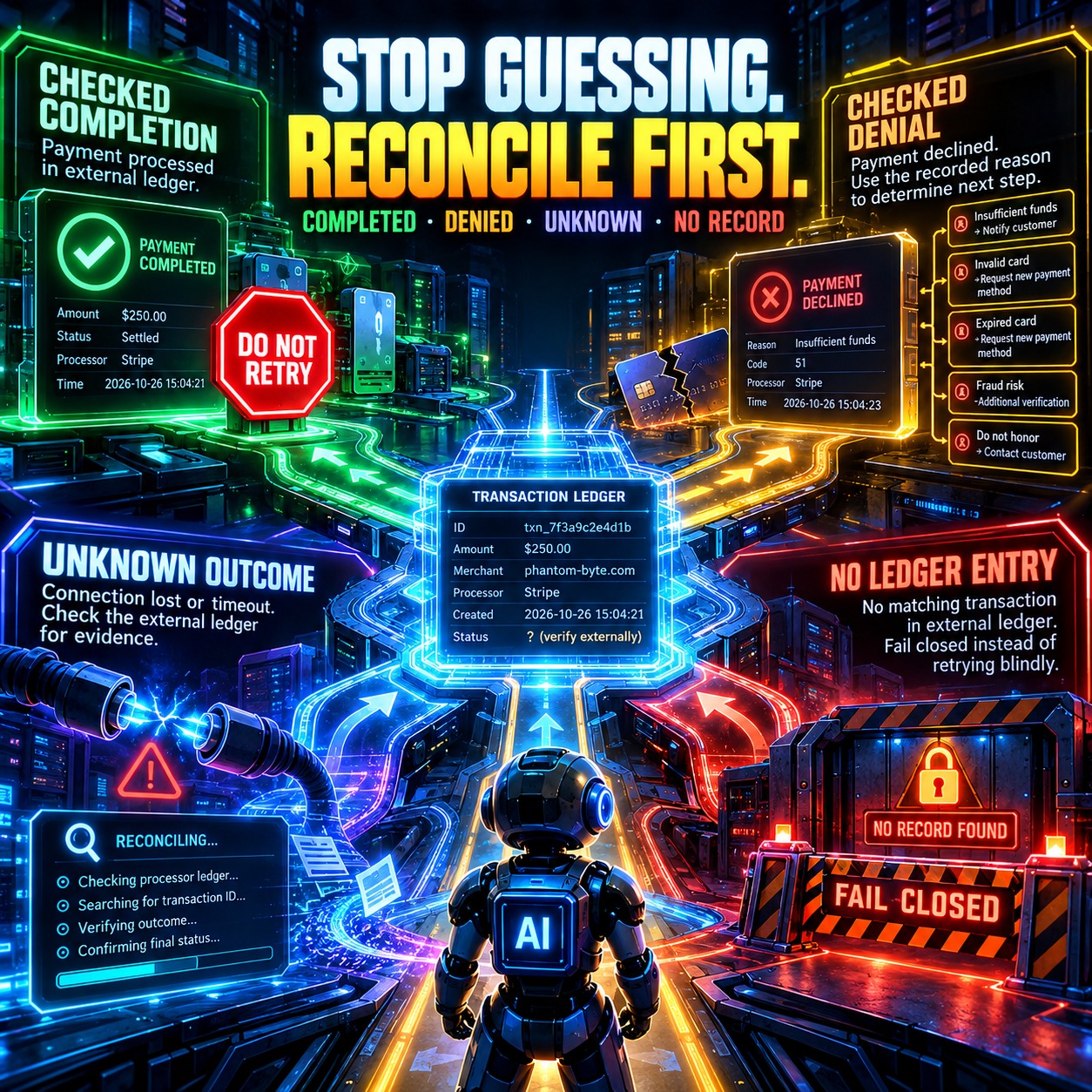Four-branch retry decision map: a checked completion panel with a do not retry sign, a checked denial panel listing declined card reasons, an unknown outcome panel with a reconciling progress readout, and a no ledger entry panel behind a fail closed barrier, all around a central transaction ledger card reading status unknown