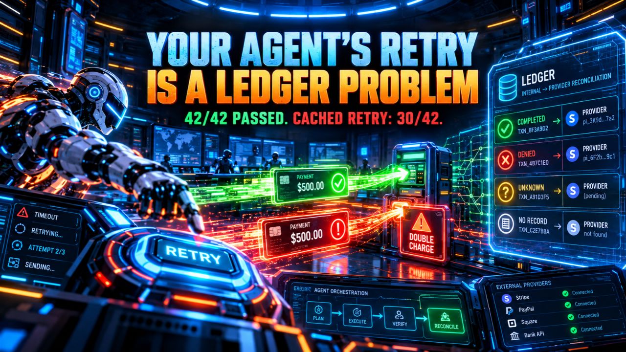 A robot operator at a neon RETRY console watching a $500 payment card split into an approved green charge and a red double charge, beside a ledger panel routing completed, denied, unknown and no record rows to provider records