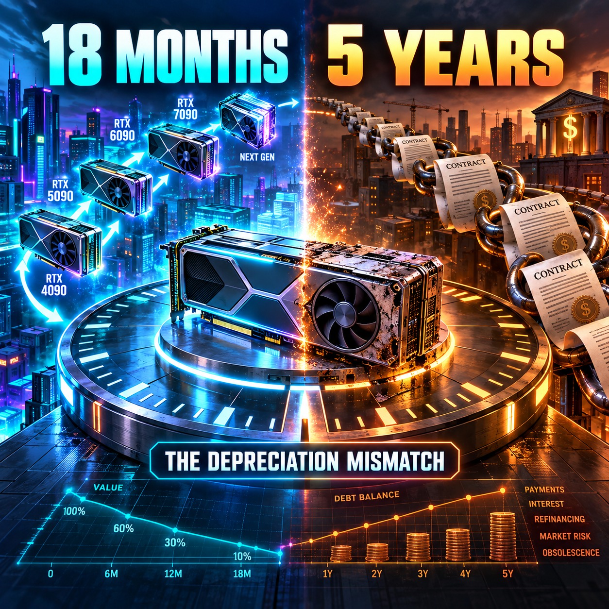 Split infographic titled The Depreciation Mismatch: the left blue half labelled 18 MONTHS shows a GPU roadmap of RTX 4090, 5090, 6090, 7090 and NEXT GEN with a value curve falling from 100 percent to 10 percent at 18 months, while the right orange half labelled 5 YEARS shows chains of CONTRACT paperwork and a debt balance rising across years one to five under the labels payments, interest, refinancing, market risk and obsolescence, with a half-clean, half-corroded GPU on a circular platform between them