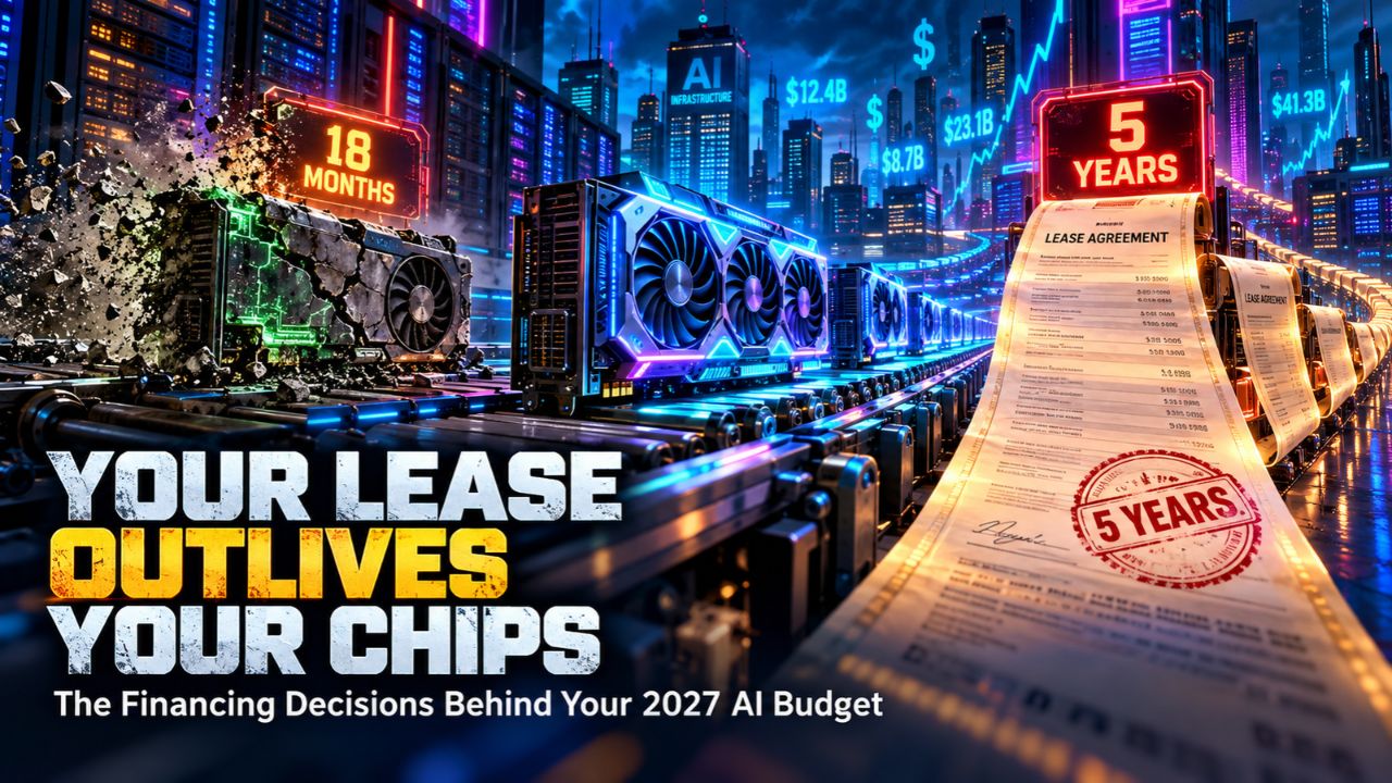 A neon GPU assembly line where a cracked grey graphics card crumbles under a red 18 MONTHS sign beside a glowing new card, while a scroll of lease agreement paperwork stamped 5 YEARS feeds in from the right, headlined Your Lease Outlives Your Chips