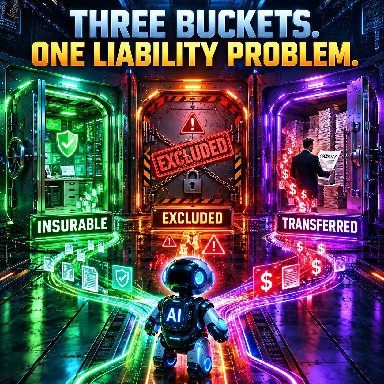 Three vault doors in green, red and purple labelled INSURABLE, EXCLUDED and TRANSFERRED, with a small AI robot standing at the junction of neon paths leading to each one