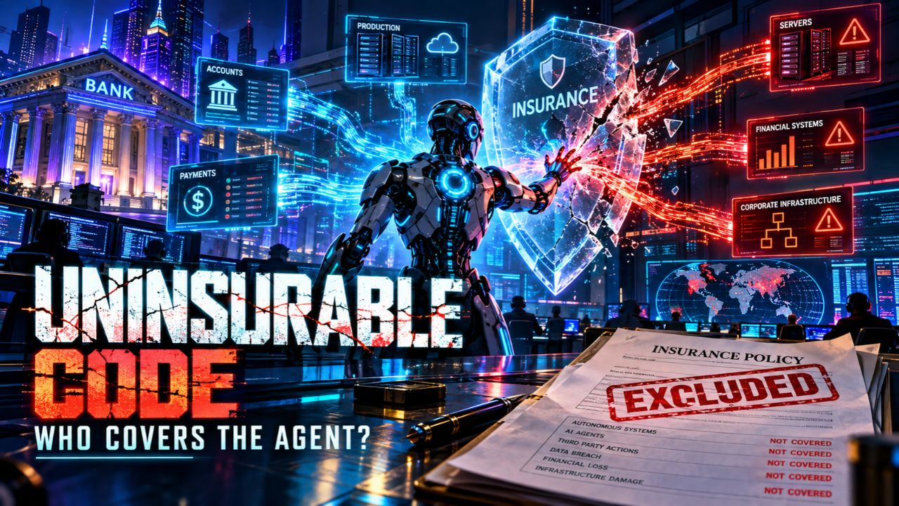 A silver humanoid robot holds a glowing cracked INSURANCE shield against red warning panels labelled SERVERS, FINANCIAL SYSTEMS and CORPORATE INFRASTRUCTURE, over the words UNINSURABLE CODE and an insurance policy stamped EXCLUDED with autonomous systems, third party actions, data breach, financial loss and infrastructure damage all marked NOT COVERED