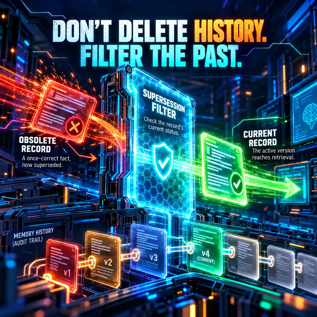 A neon SUPERSESSION FILTER panel with a shield checkmark passing a green CURRENT RECORD card forward while a red OBSOLETE RECORD card is blocked, above a memory history audit trail chain of version cards v1 through v4 CURRENT, headlined Do Not Delete History, Filter the Past