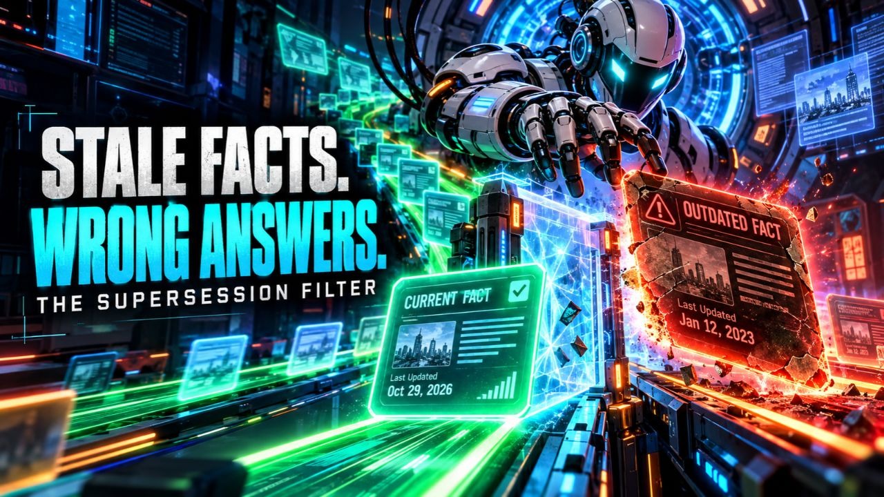 A robot hand in a neon data center holding a glowing green CURRENT FACT card dated Oct 29 2026 beside a shattered red OUTDATED FACT card dated Jan 12 2023, under the words Stale Facts, Wrong Answers, The Supersession Filter