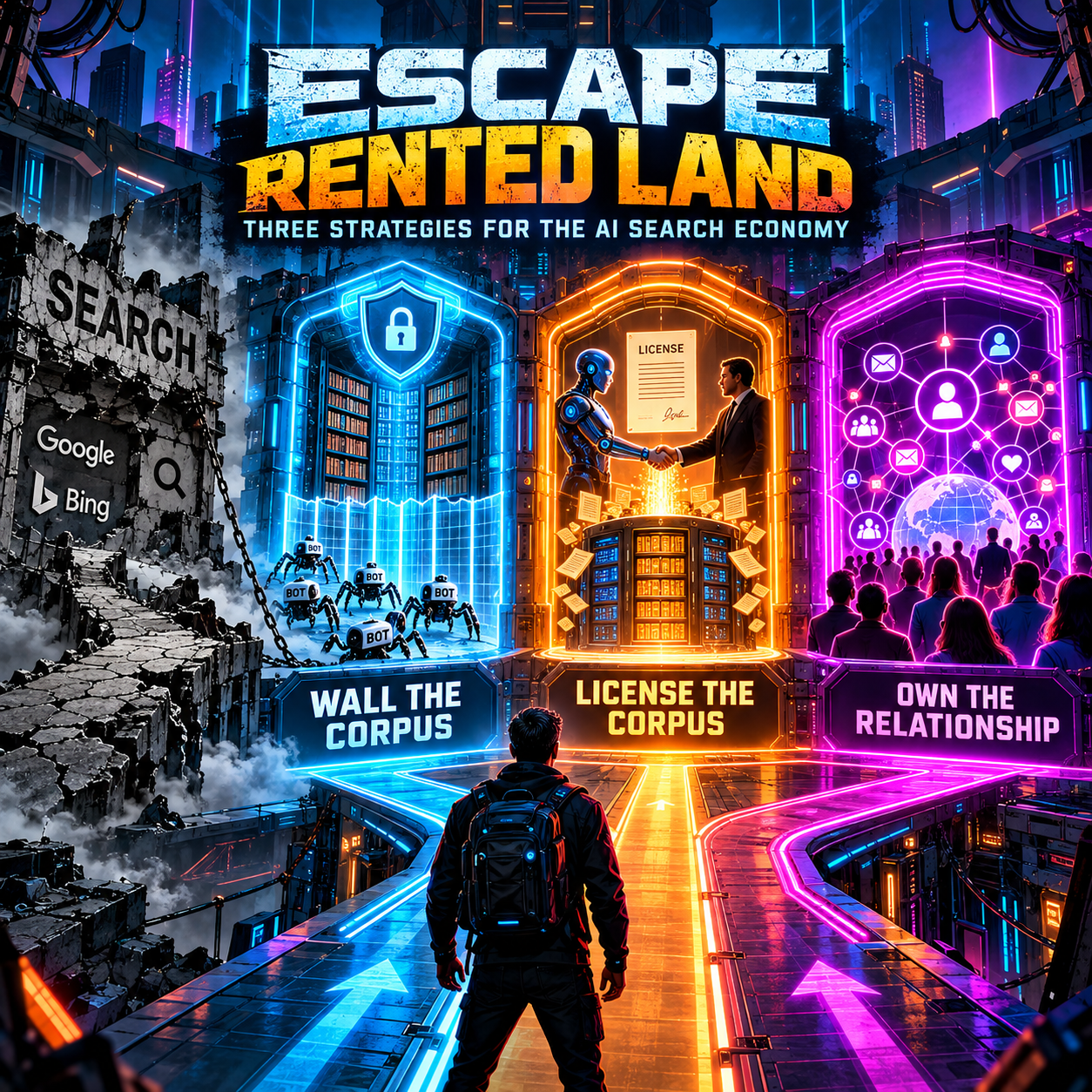 Infographic titled Escape Rented Land showing three neon doorways labelled Wall the Corpus, License the Corpus and Own the Relationship