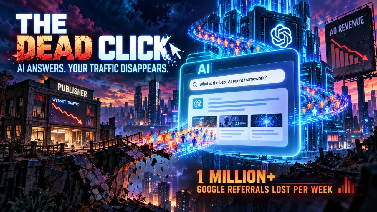 Cover art reading The Dead Click, AI answers, your traffic disappears, with a publisher traffic graph falling and 1 million Google referrals lost per week