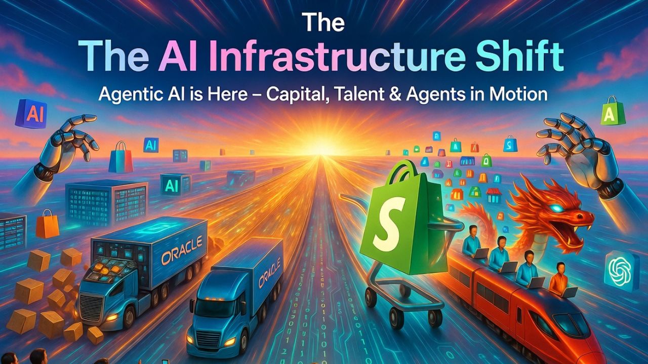 AI infrastructure shift visualization showing data centers, cloud networks, and agentic AI connections