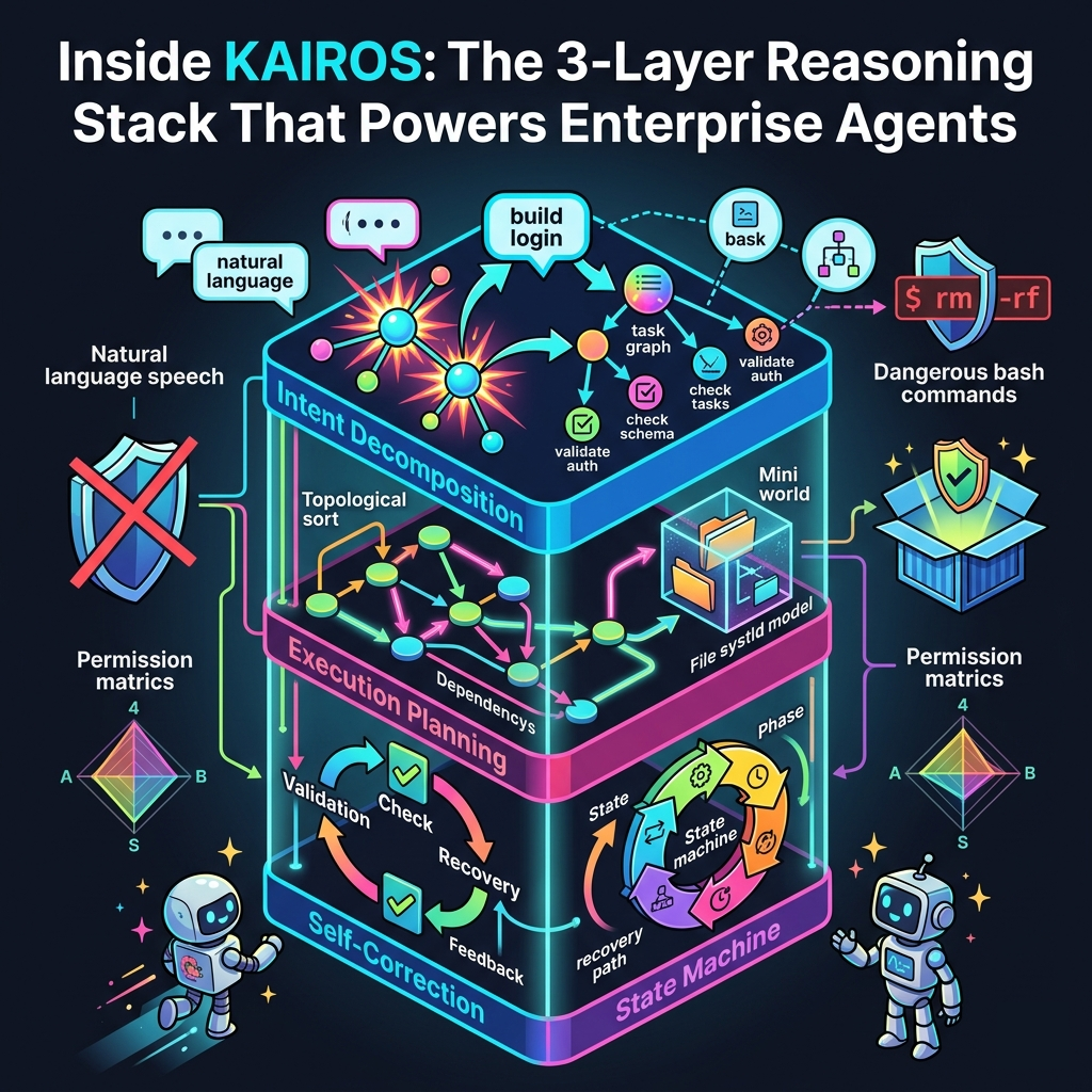 KAIROS three-layer architecture: Intent Decomposition, Execution Planning Engine, and Self-Correction Feedback Loops
