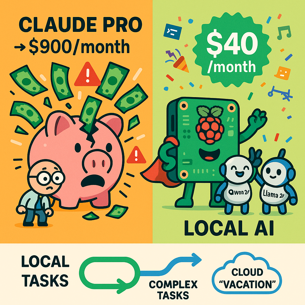 Hybrid AI architecture diagram showing local Raspberry Pi inference with cloud overflow