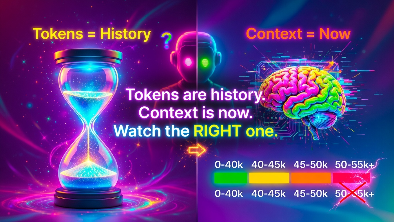 AI context window degradation visualization - showing the breaking point at 55k-60k context