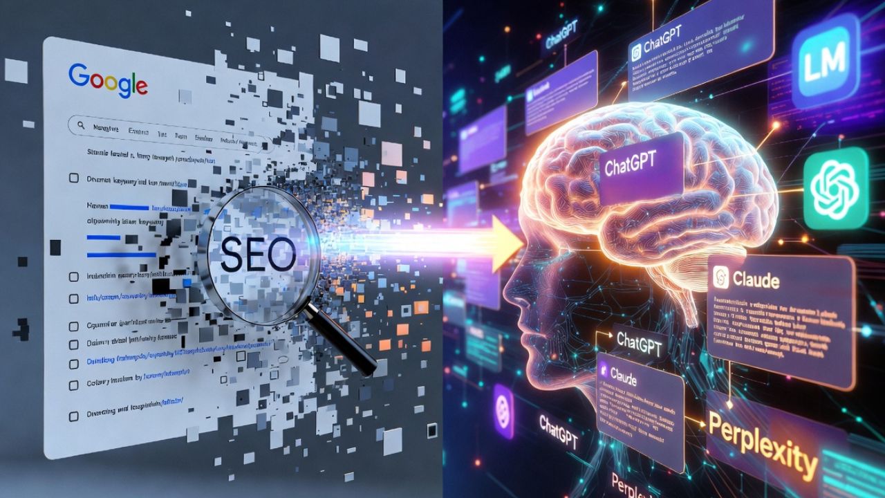 The Rise of Answer Engine Optimization visualization showing traditional SEO evolving into GEO and AEO with AI citation pathways