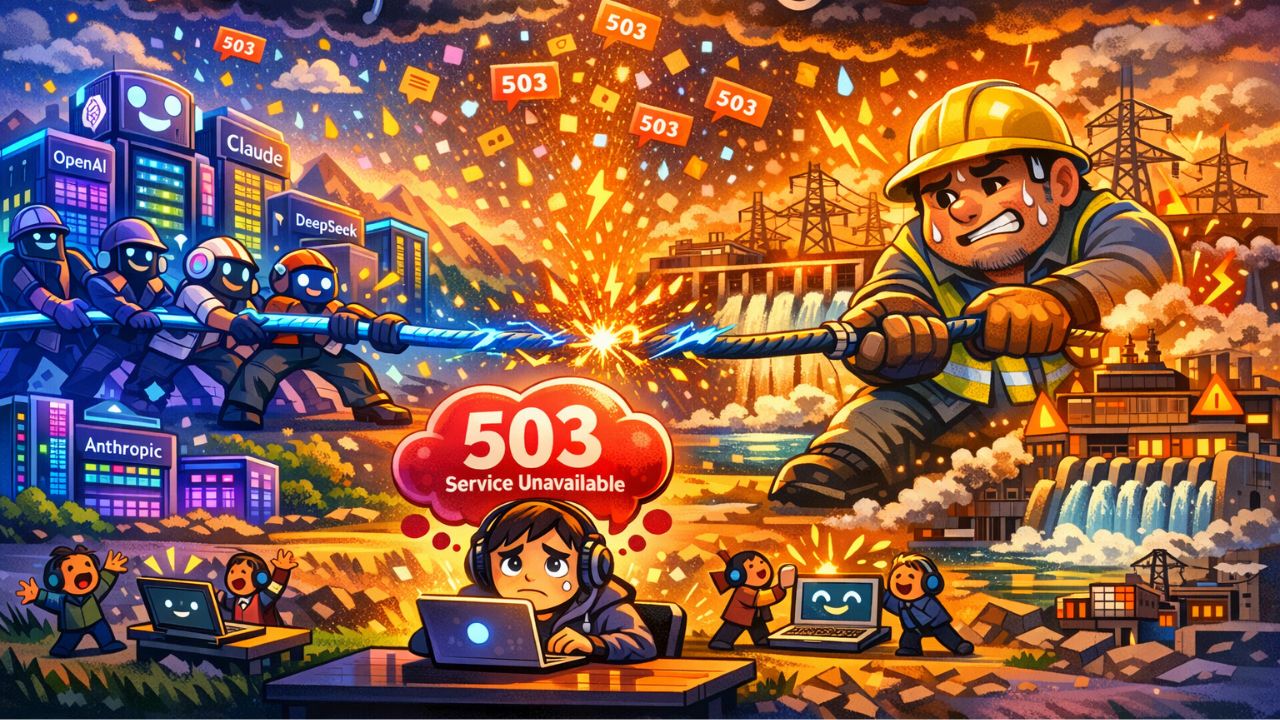 AI energy crisis data center power consumption visualization showing grid overload and 503 errors