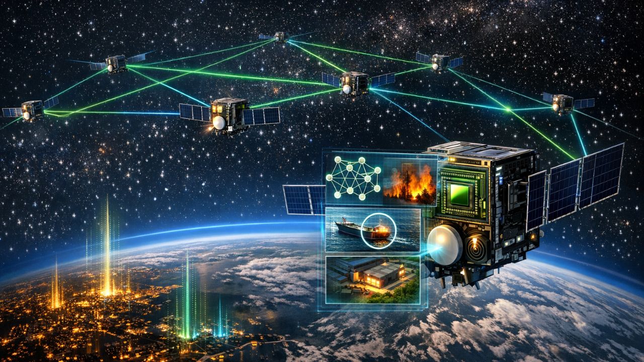 Kepler orbital AI compute cluster visualization showing satellites with NVIDIA Jetson processors connected via laser mesh network above Earth