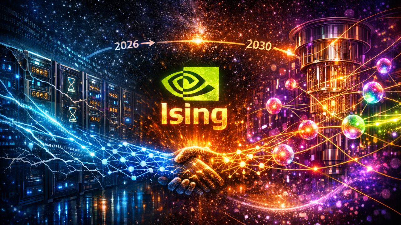 AI Quantum Computing visualization showing NVIDIA GPU cluster transitioning to quantum-classical hybrid infrastructure with qubit overlays