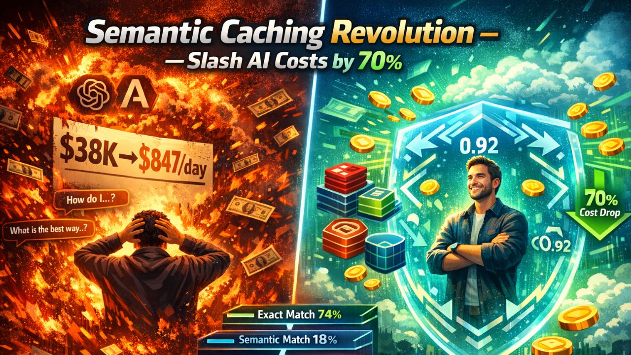 Semantic caching architecture diagram showing three-tier cache system with exact match, semantic match, and LLM fallback layers