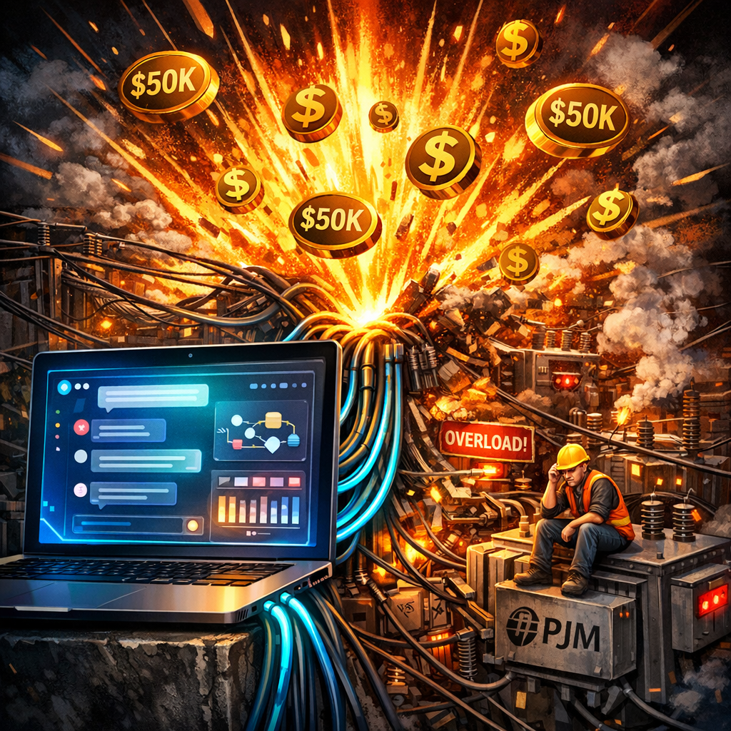 PJM Interconnection power grid map showing 15 GW data center power demand across 13 states with transformer shortage indicators