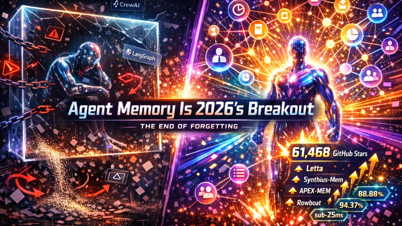 AI agent memory architecture visualization showing persistent memory layers, graph-based recall systems, and context window management across multiple sessions