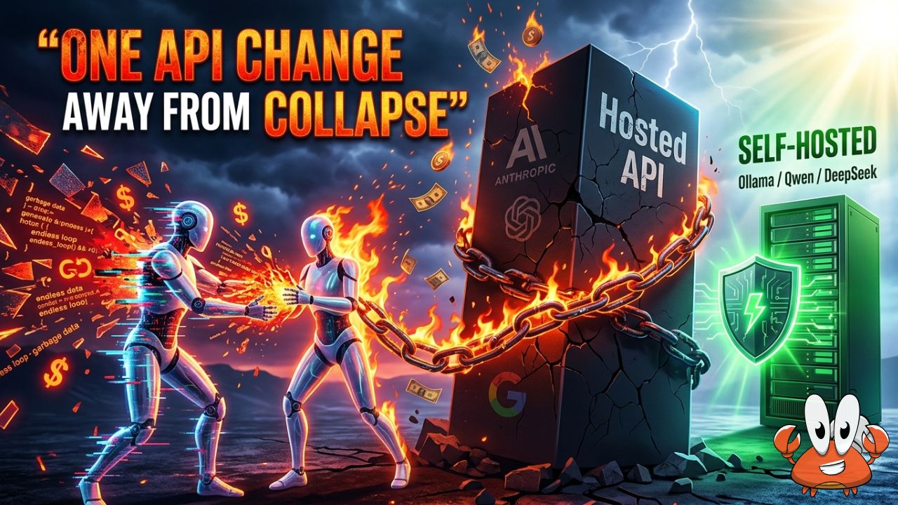 AI agent infrastructure collapse showing multi-agent pipeline failure with circuit breakers and self-hosted alternative architecture