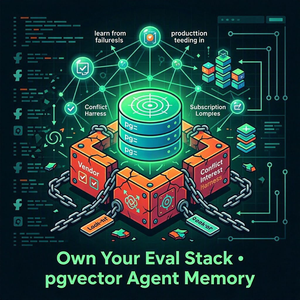 Sovereign agent evaluation stack architecture showing PostgreSQL pgvector memory layer, self-hosted harness, and production trace augmentation