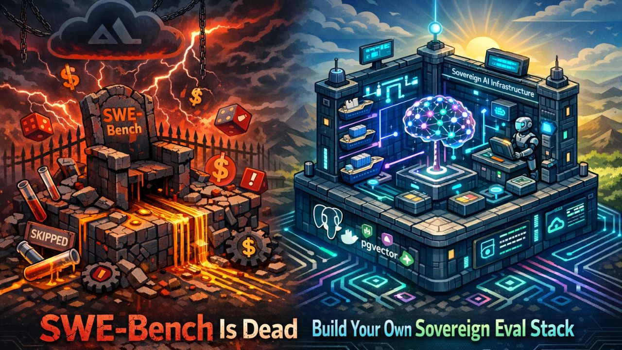 SWE-Bench evaluation stack collapse showing self-hosted alternative architecture with PostgreSQL pgvector backbone