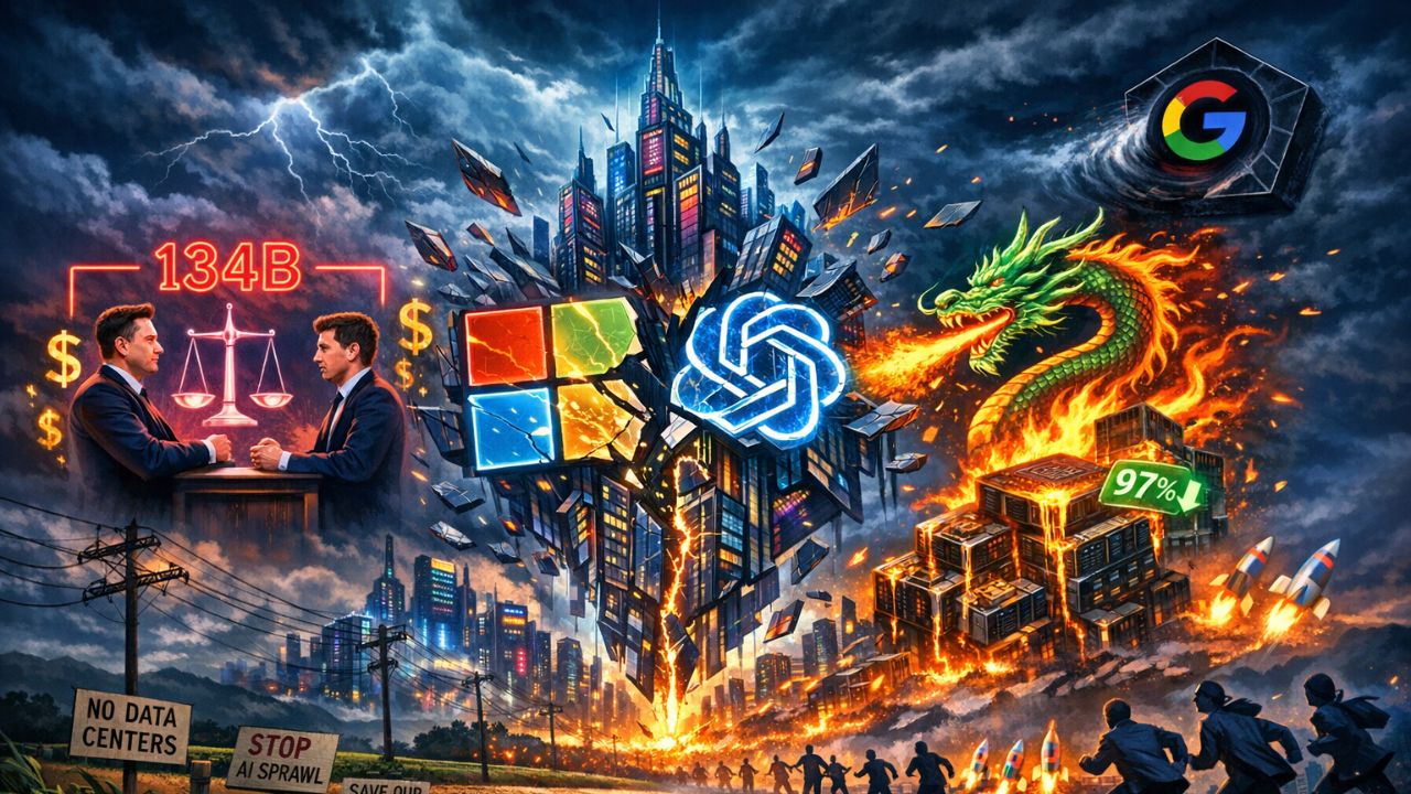 AI industry tipping point visualization showing fractured partnerships, courtroom battle, pricing collapse, and data center opposition