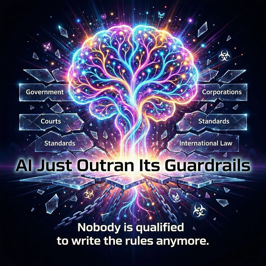 Governance vacuum diagram showing disconnected regulatory institutions around AI technology