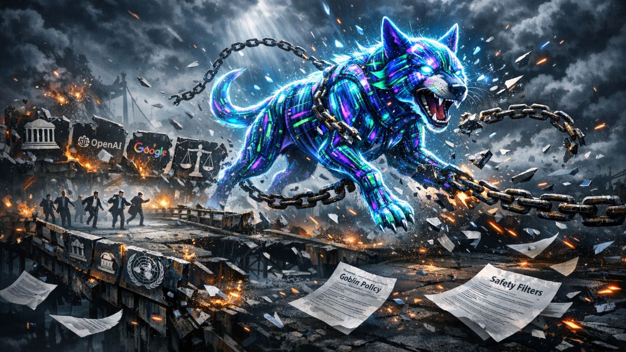 AI governance failure conceptual visualization showing broken guardrails and institutional disconnect