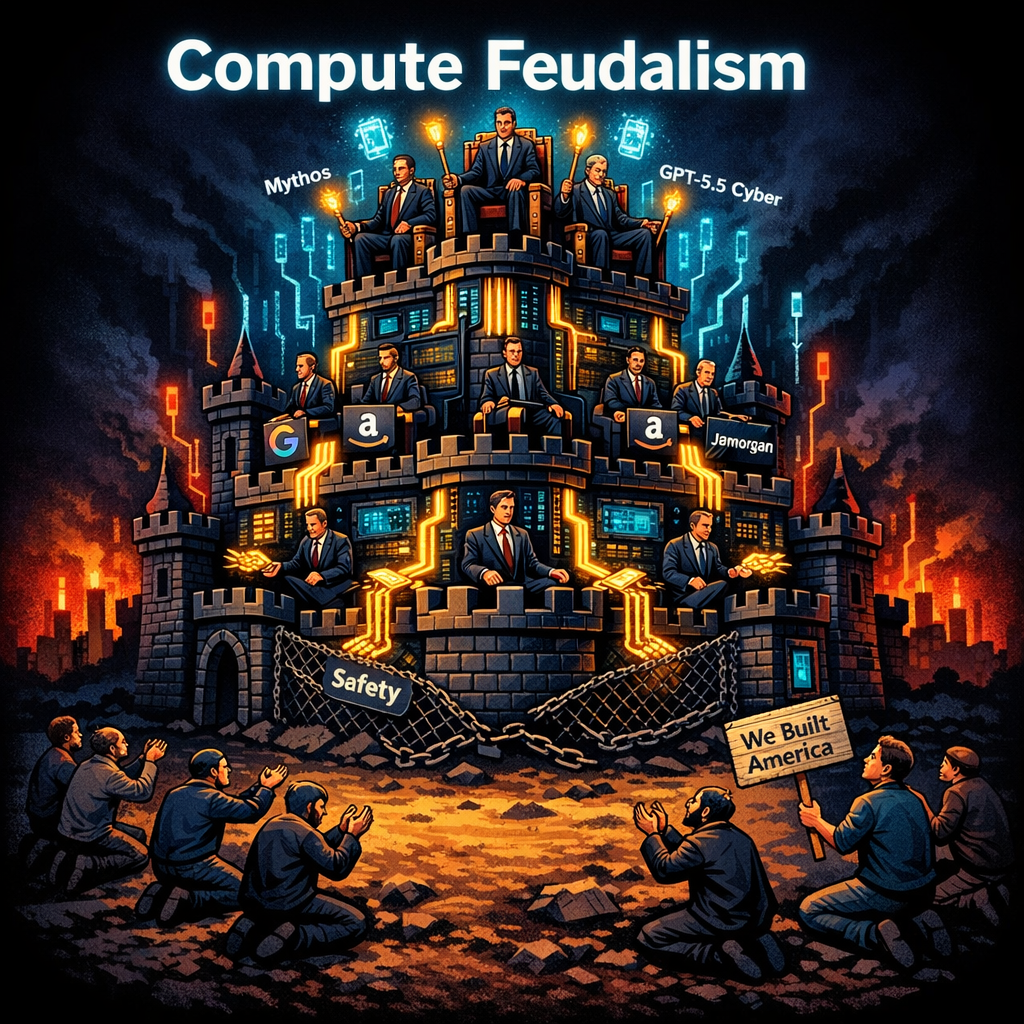 Visualization of AI compute feudalism showing gatekeepers controlling access to powerful AI tools while small businesses are locked out