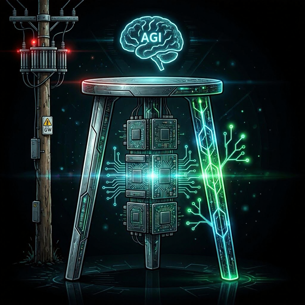 AI data center power infrastructure diagram showing the three legs of the AGI bottleneck: grid capacity, GPU fabrication, and architectural efficiency