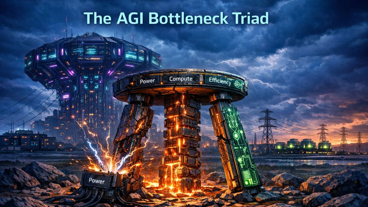 AGI bottleneck triad visualization showing power grid, GPU compute, and efficiency architecture as the three legs blocking artificial general intelligence progress