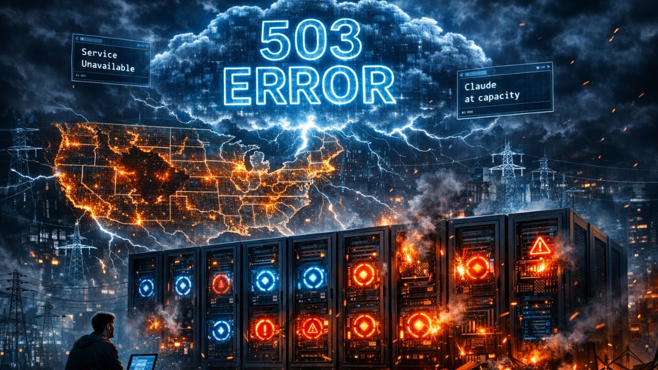 AI infrastructure failure during grid crisis showing 503 errors cascading through cloud services as power grid buckles under demand