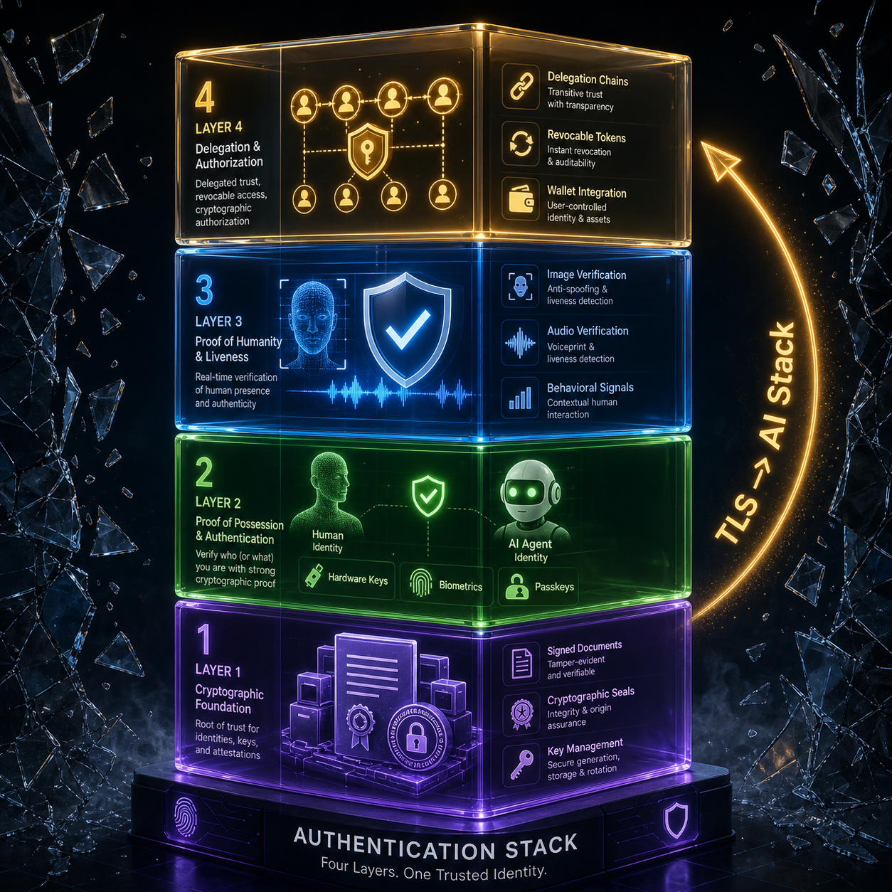 Four-layer AI Authentication Stack diagram showing Content Provenance, Identity Attestation, Output Verification, and Agent Attribution layers