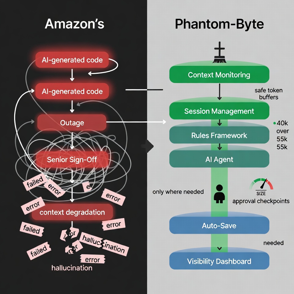 AI oversight trap diagram - Amazon vs PhantomByte architecture comparison