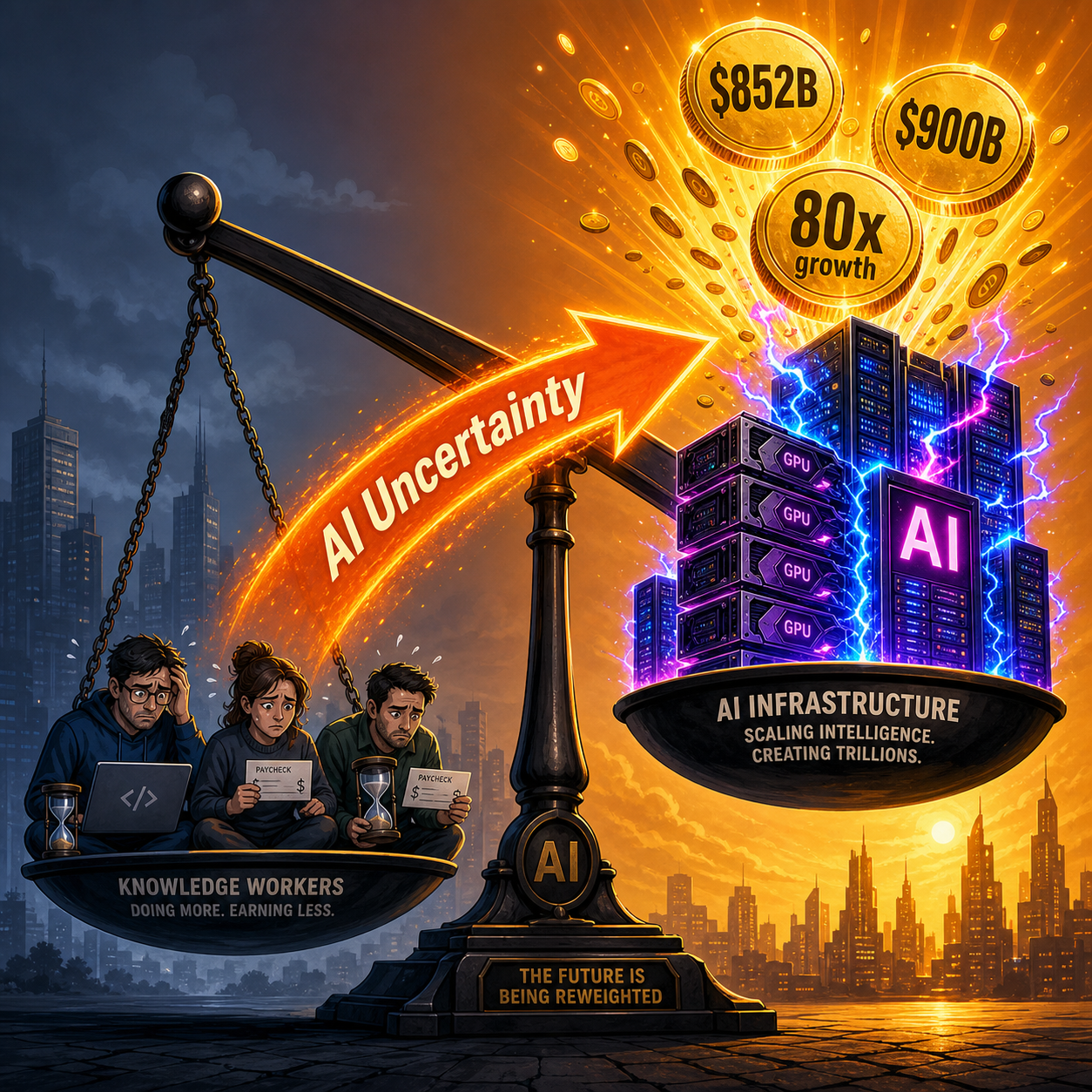 AI wealth concentration diagram showing capital flowing upward to AI infrastructure companies